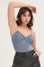 Blue Ribbed Twist Front Bodysuit