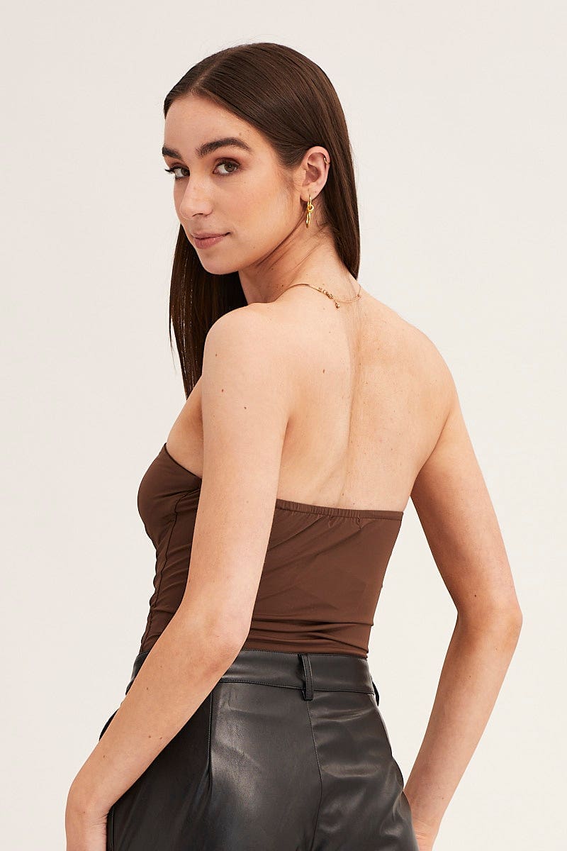 Brown Ruched Front Strapless Bodysuit