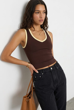 Brown Contrast Sleeveless V-neck Tank