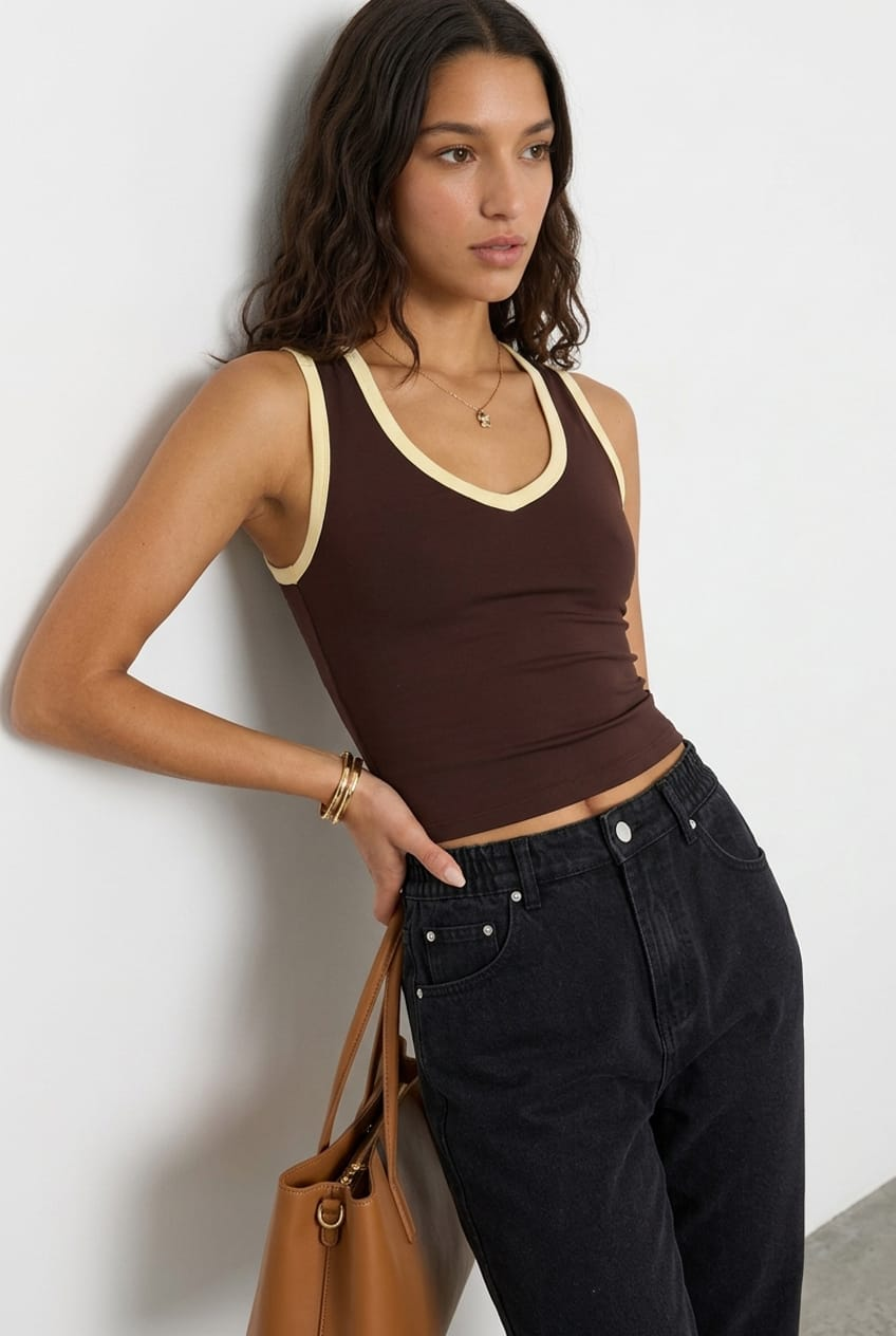 Brown Contrast Sleeveless V-neck Tank