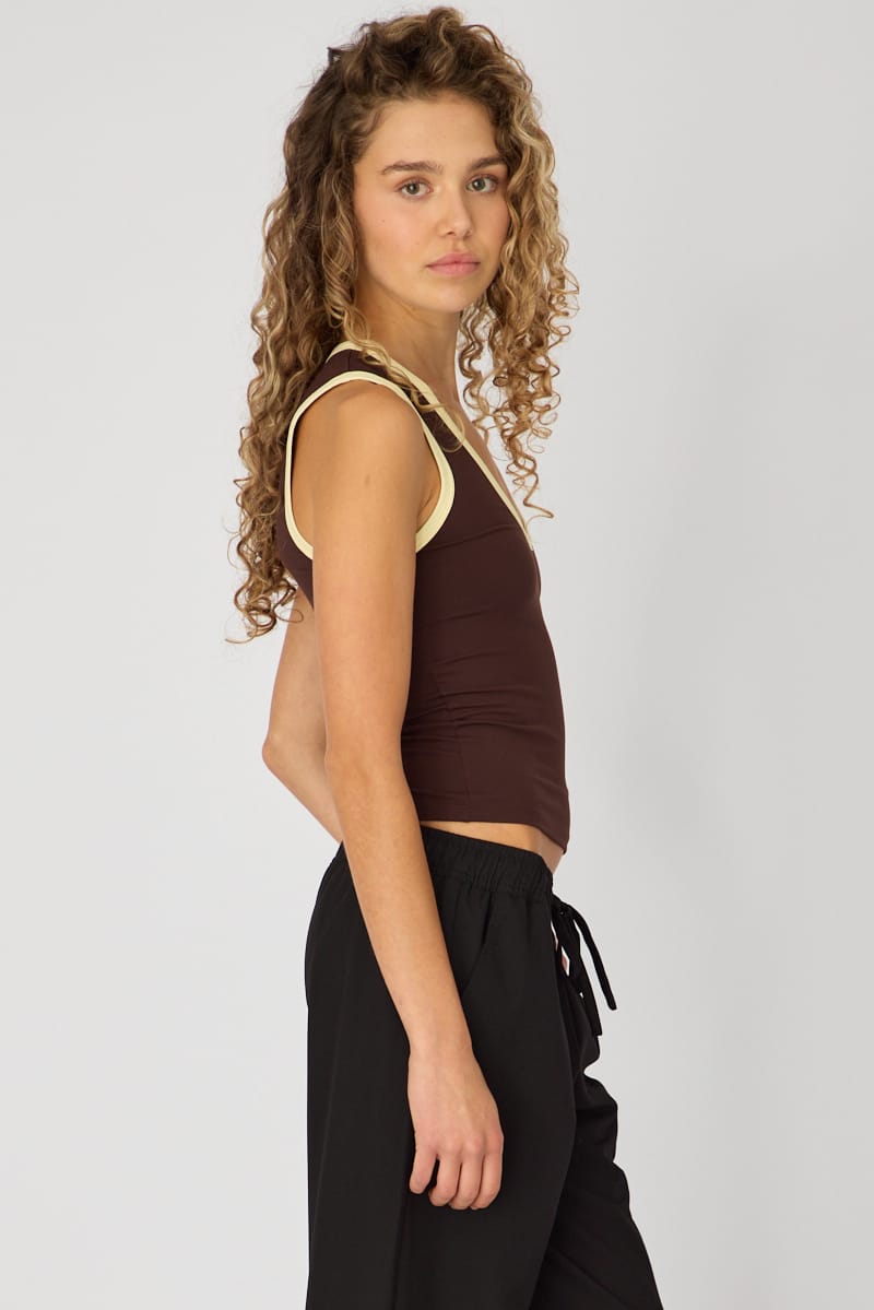 Brown Contrast Sleeveless V-neck Tank