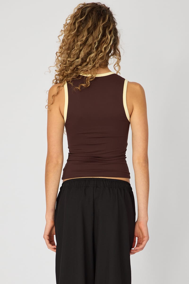 Brown Contrast Sleeveless V-neck Tank