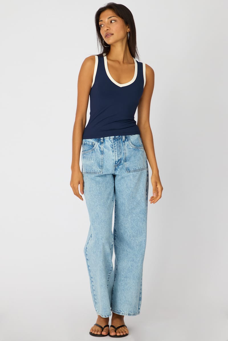Blue Contrast Sleeveless V-neck Tank