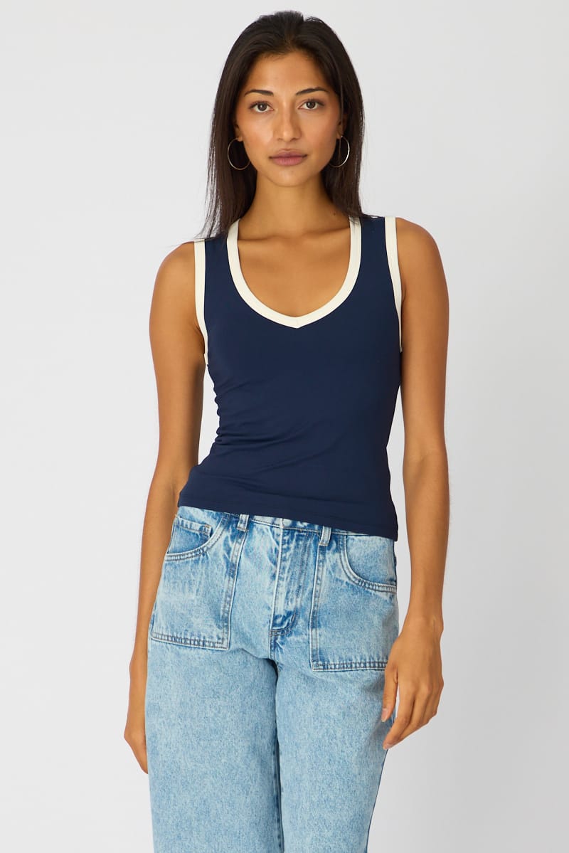 Blue Contrast Sleeveless V-neck Tank