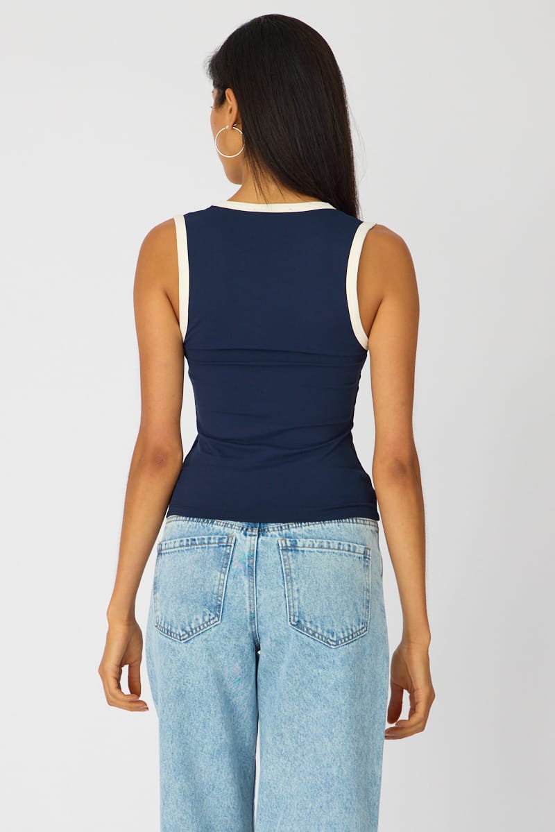 Blue Contrast Sleeveless V-neck Tank