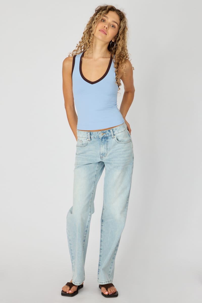 Blue Contrast Sleeveless V-neck Tank