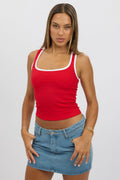 Red Tank Top Sleeveless Contrast Trim