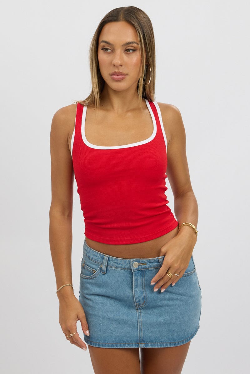 Red Tank Top Sleeveless Contrast Trim