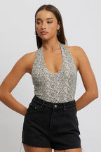 Brown Animal Print Halter Neck Bodysuit Sleeveless