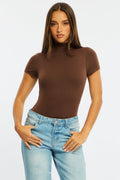 Brown Short Sleeve High Neck Bodysuit