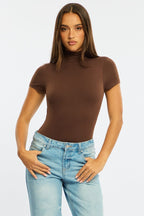 Brown Short Sleeve High Neck Bodysuit