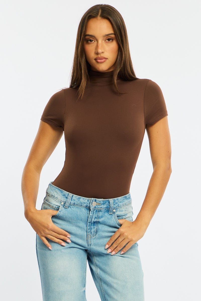 Brown Short Sleeve High Neck Bodysuit