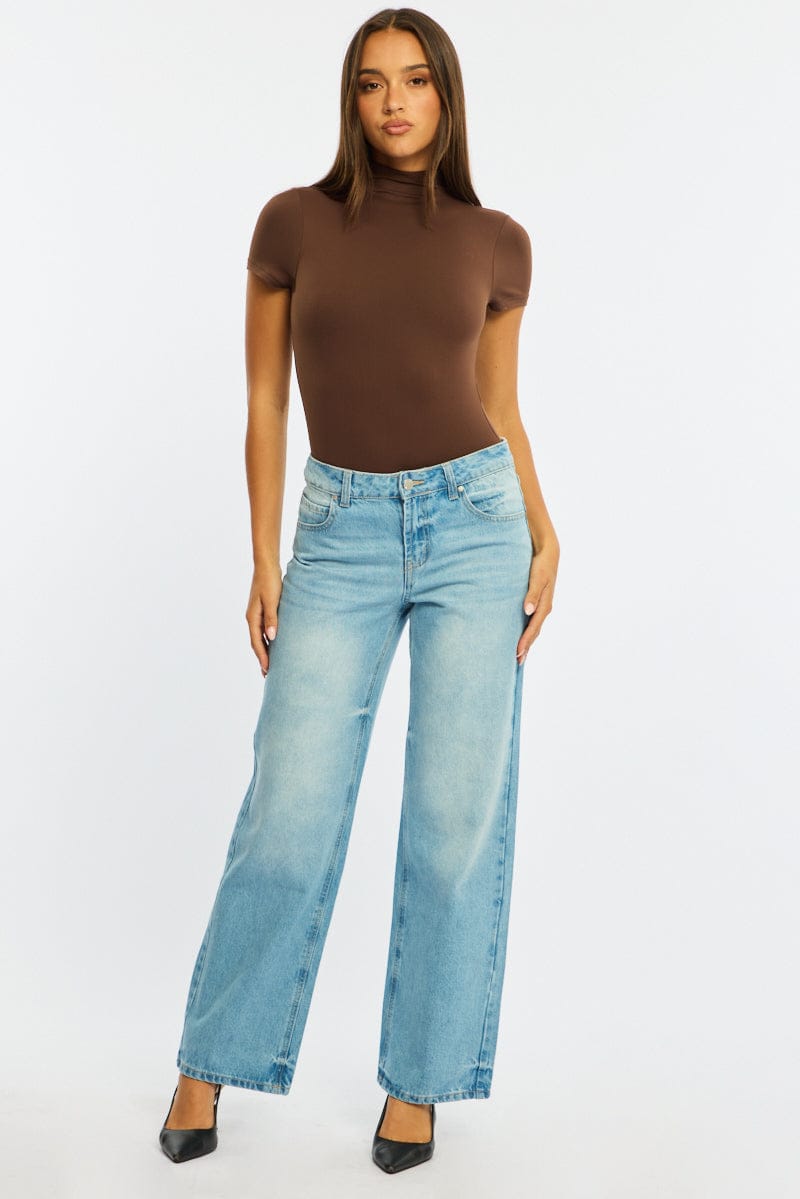 Brown Short Sleeve High Neck Bodysuit