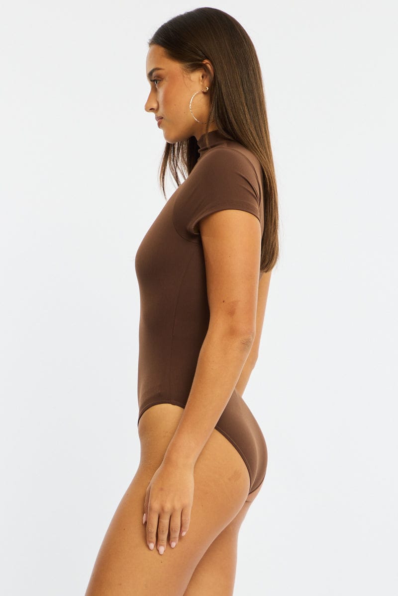 Brown Short Sleeve High Neck Bodysuit
