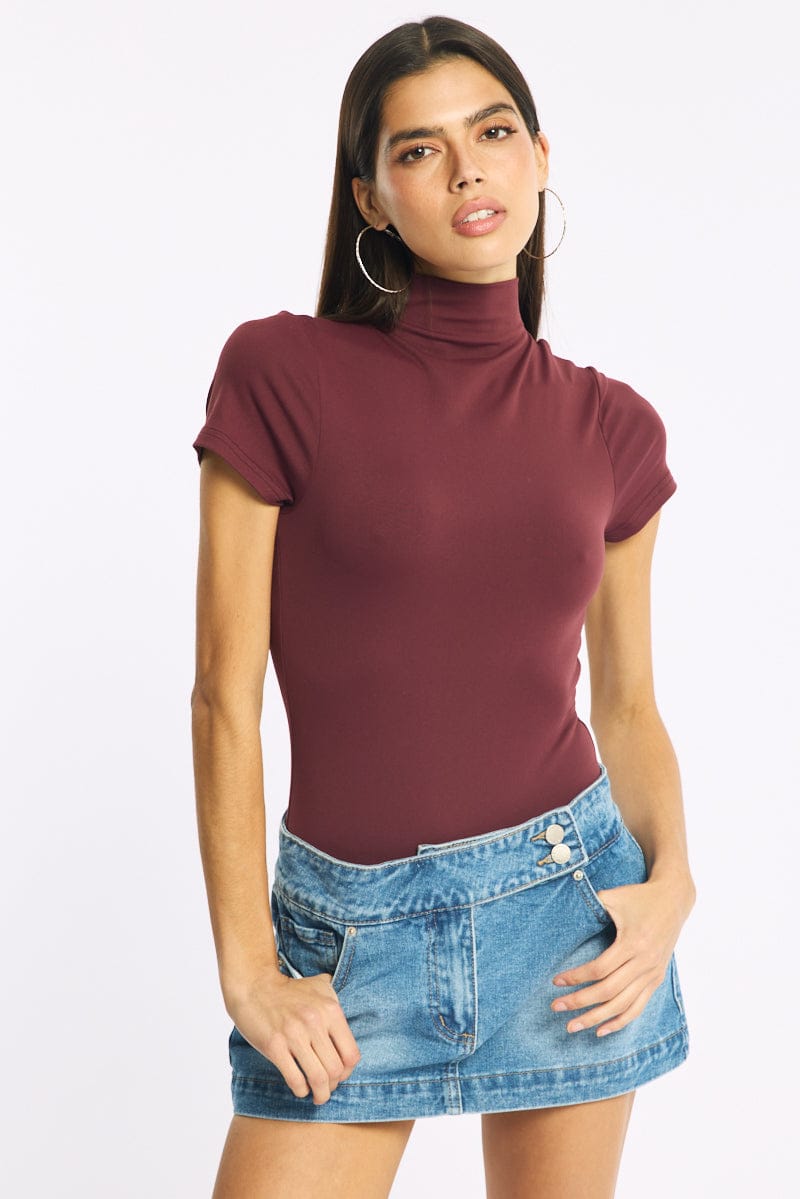 Red Short Sleeve High Neck Bodysuit