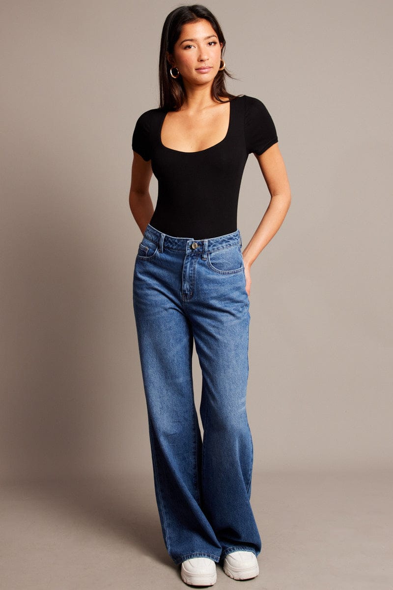 Black Bodysuit Short Sleeve Square Neck Modal