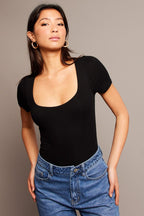 Black Bodysuit Short Sleeve Square Neck Modal