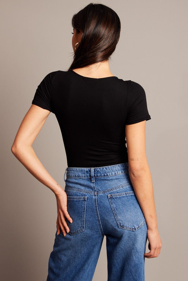 Black Bodysuit Short Sleeve Square Neck Modal