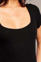 Black Bodysuit Short Sleeve Square Neck Modal