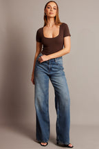 Brown Bodysuit Short Sleeve Square Neck Modal