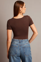 Brown Bodysuit Short Sleeve Square Neck Modal