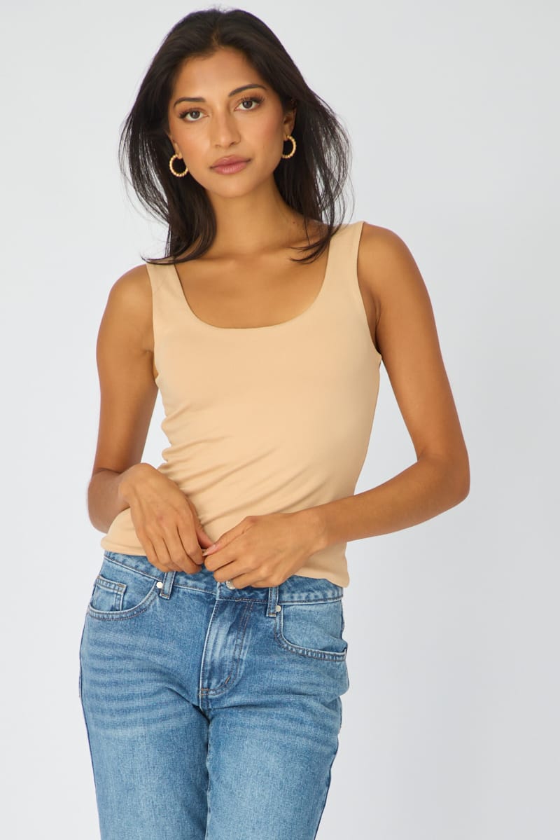 Beige Sleeveless Scoop Neck Tank Top