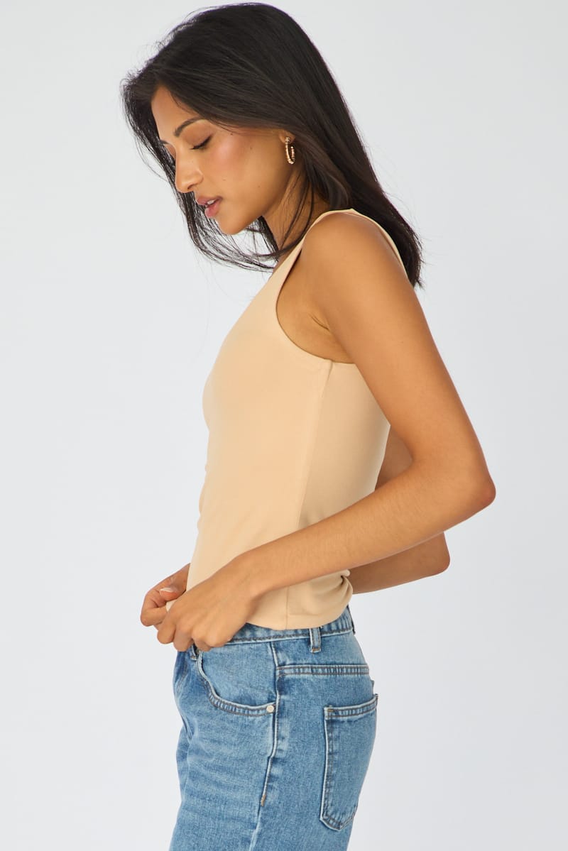 Beige Sleeveless Scoop Neck Tank Top