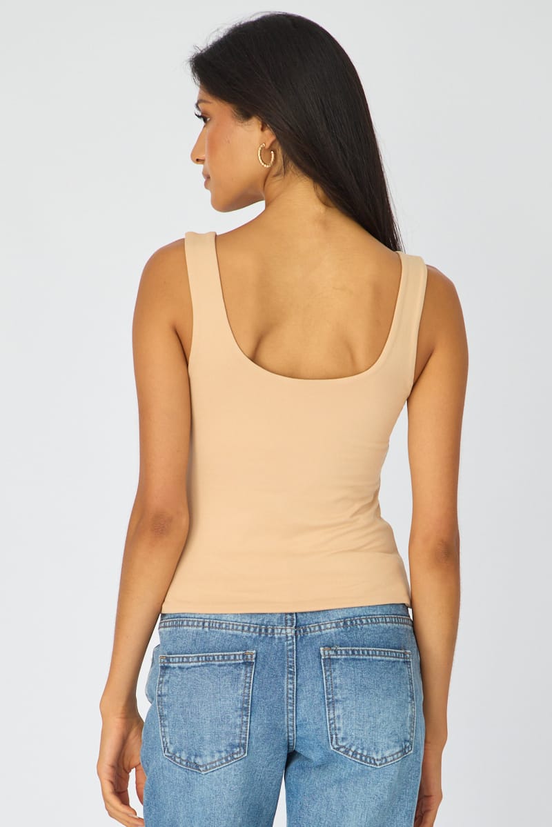 Beige Sleeveless Scoop Neck Tank Top