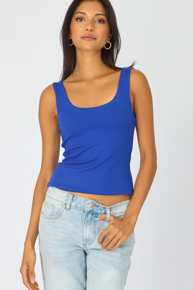 Blue Sleeveless Scoop Neck Tank Top