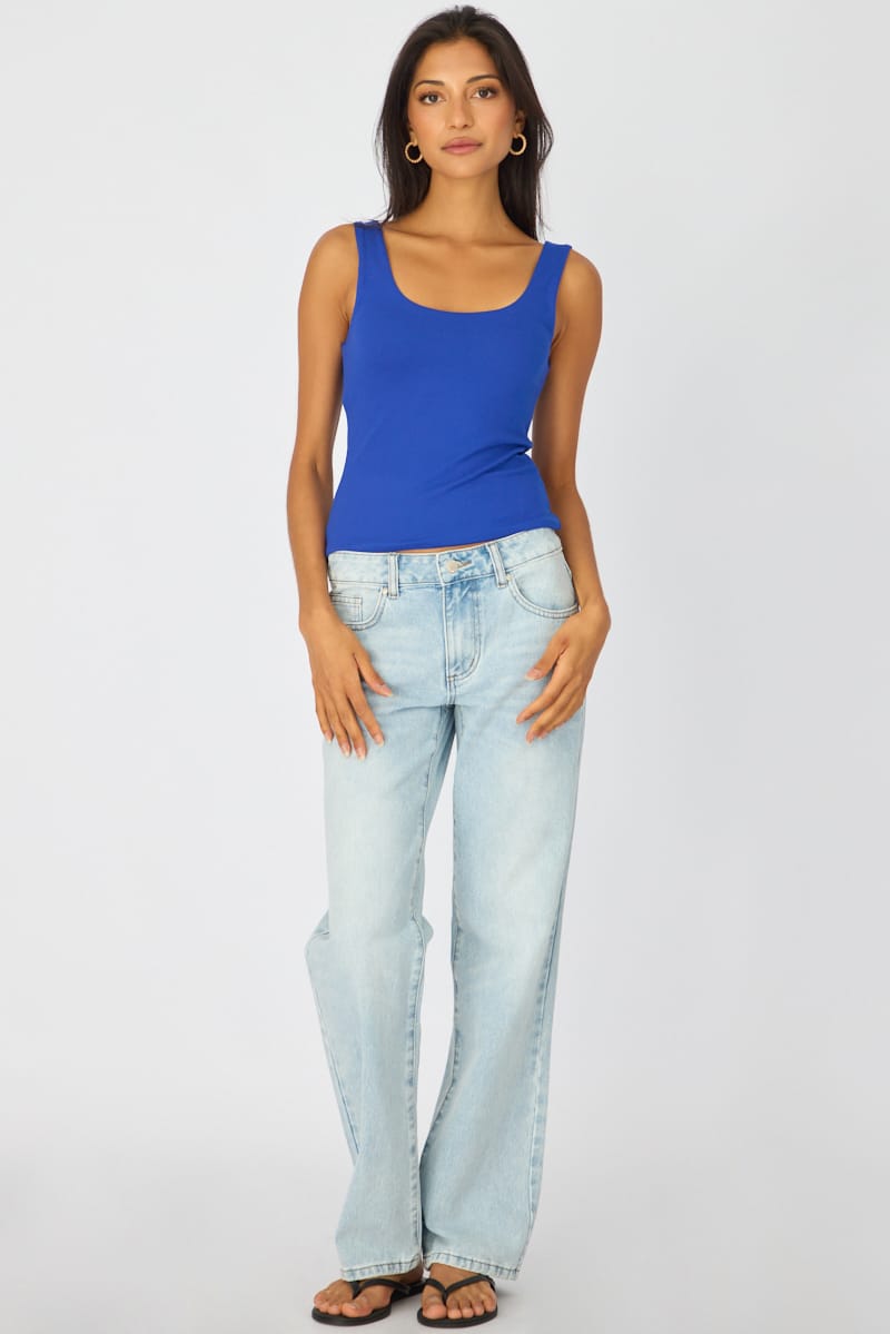Blue Sleeveless Scoop Neck Tank Top
