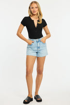 Black Bodysuit Short Sleeve Button Front Rib