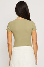 Green Bodysuit Short Sleeve Button Front Rib
