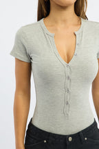 Grey Bodysuit Short Sleeve Button Front Rib