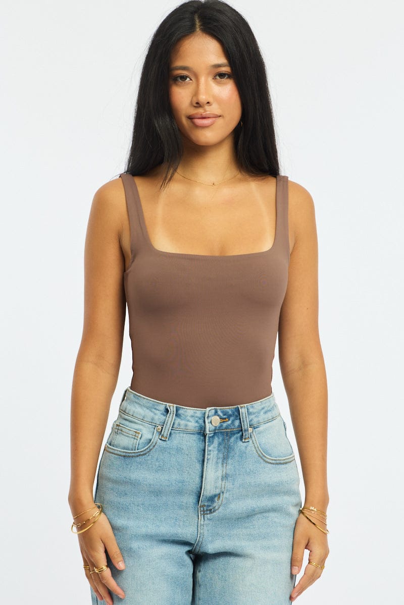 Brown Supersoft Bodysuit Square Neck Sleeveless