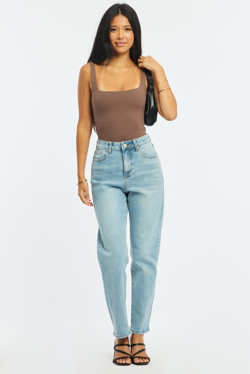 Brown Supersoft Bodysuit Square Neck Sleeveless