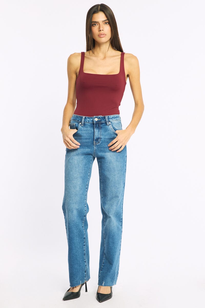 Red Supersoft Bodysuit Square Neck Sleeveless