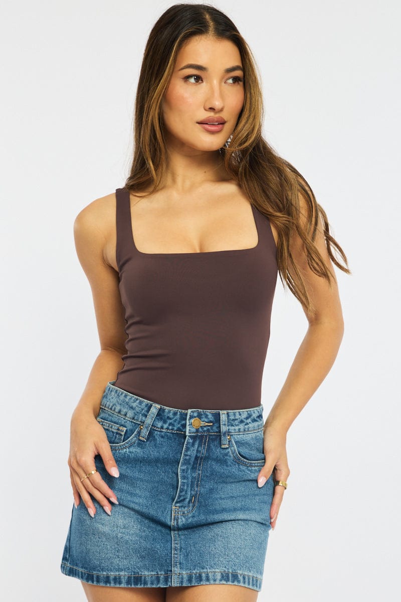 Brown Supersoft Bodysuit Square Neck Sleeveless