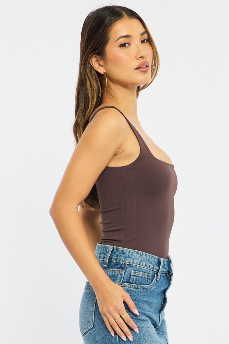 Brown Supersoft Bodysuit Square Neck Sleeveless