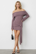 Brown Knitted Off Shoulder Tie Waist Mini Dress