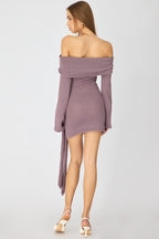 Brown Knitted Off Shoulder Tie Waist Mini Dress