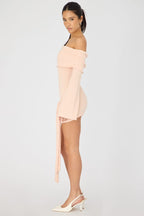 Peach Knitted Off Shoulder Tie Waist Mini Dress