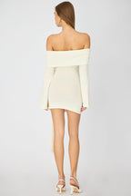 White Knitted Off Shoulder Tie Waist Mini Dress