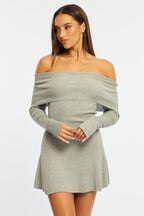 Grey Knit Dress Long Sleeve Off Shoulder