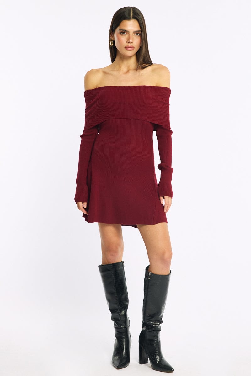 Red Knit Dress Long Sleeve Off Shoulder