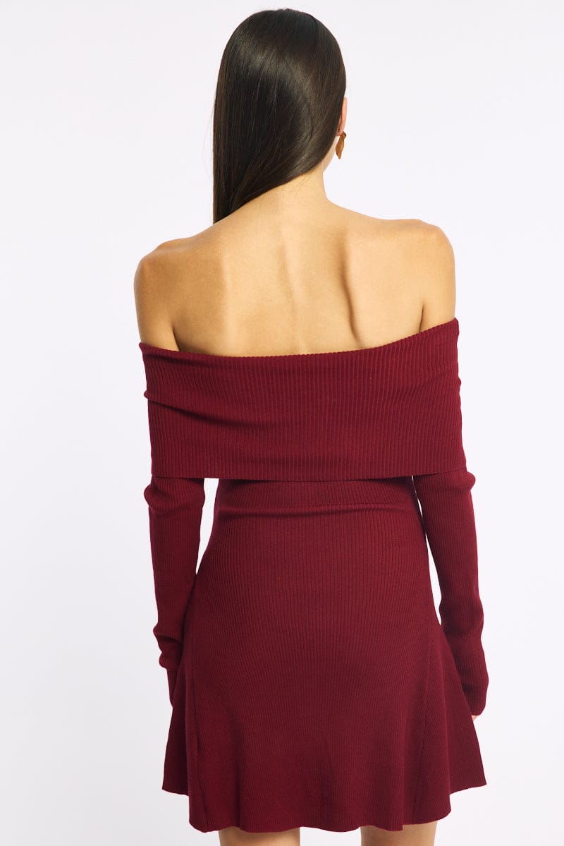 Red Knit Dress Long Sleeve Off Shoulder