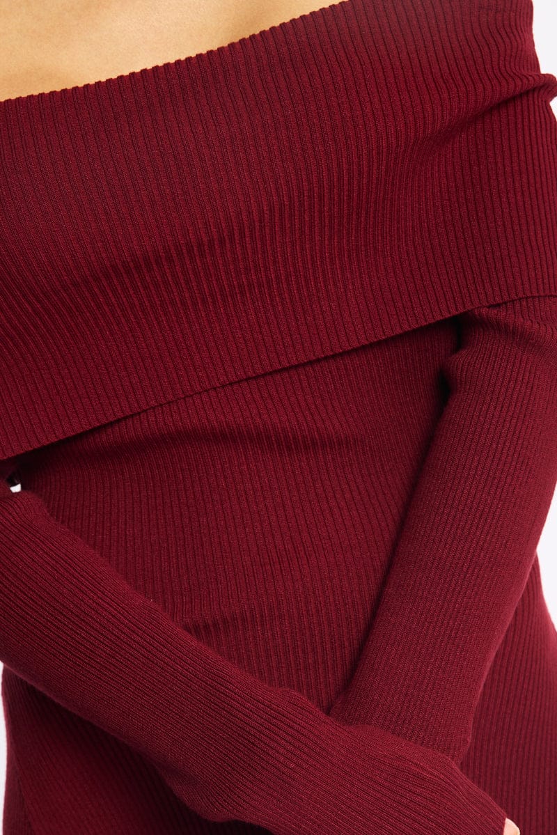Red Knit Dress Long Sleeve Off Shoulder