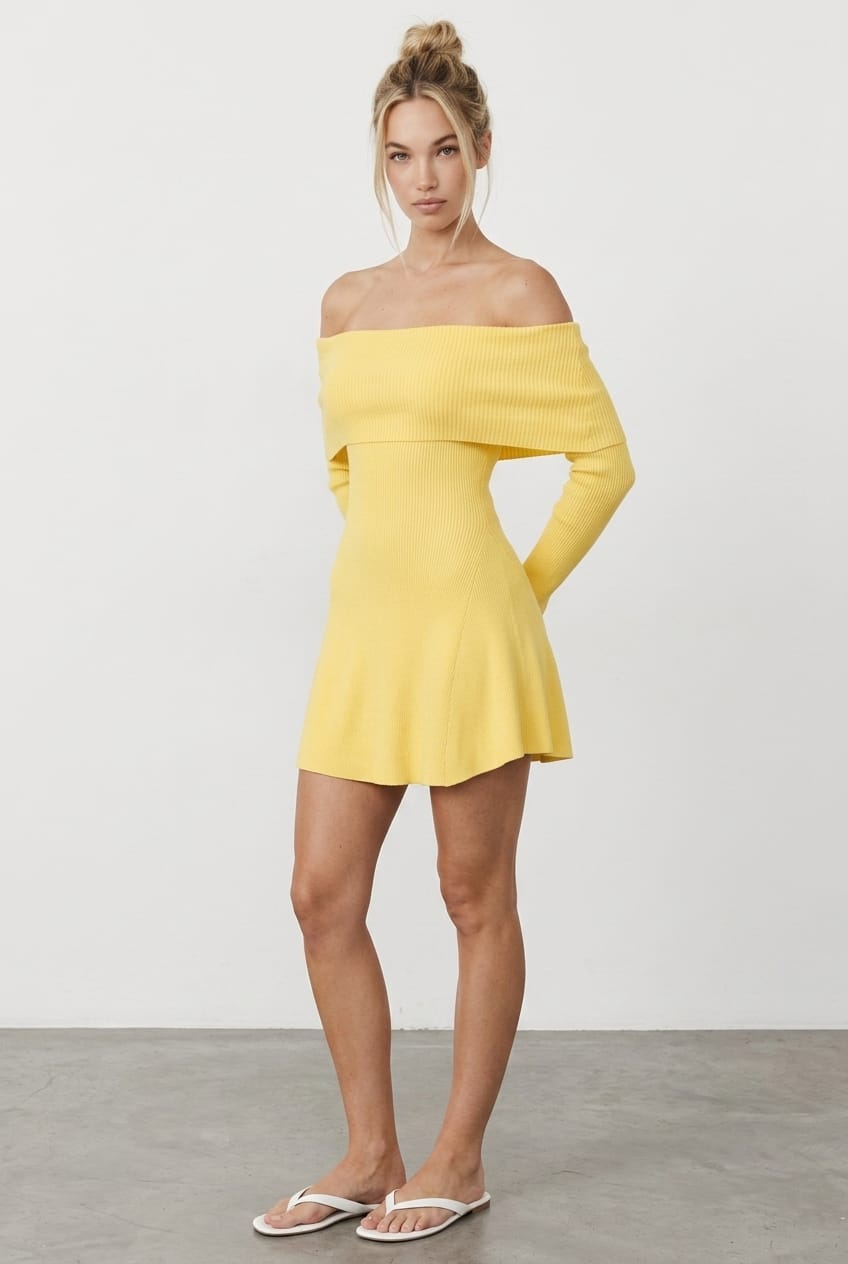 Yellow Knit Dress Long Sleeve Off Shoulder