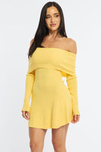 Yellow Knit Dress Long Sleeve Off Shoulder