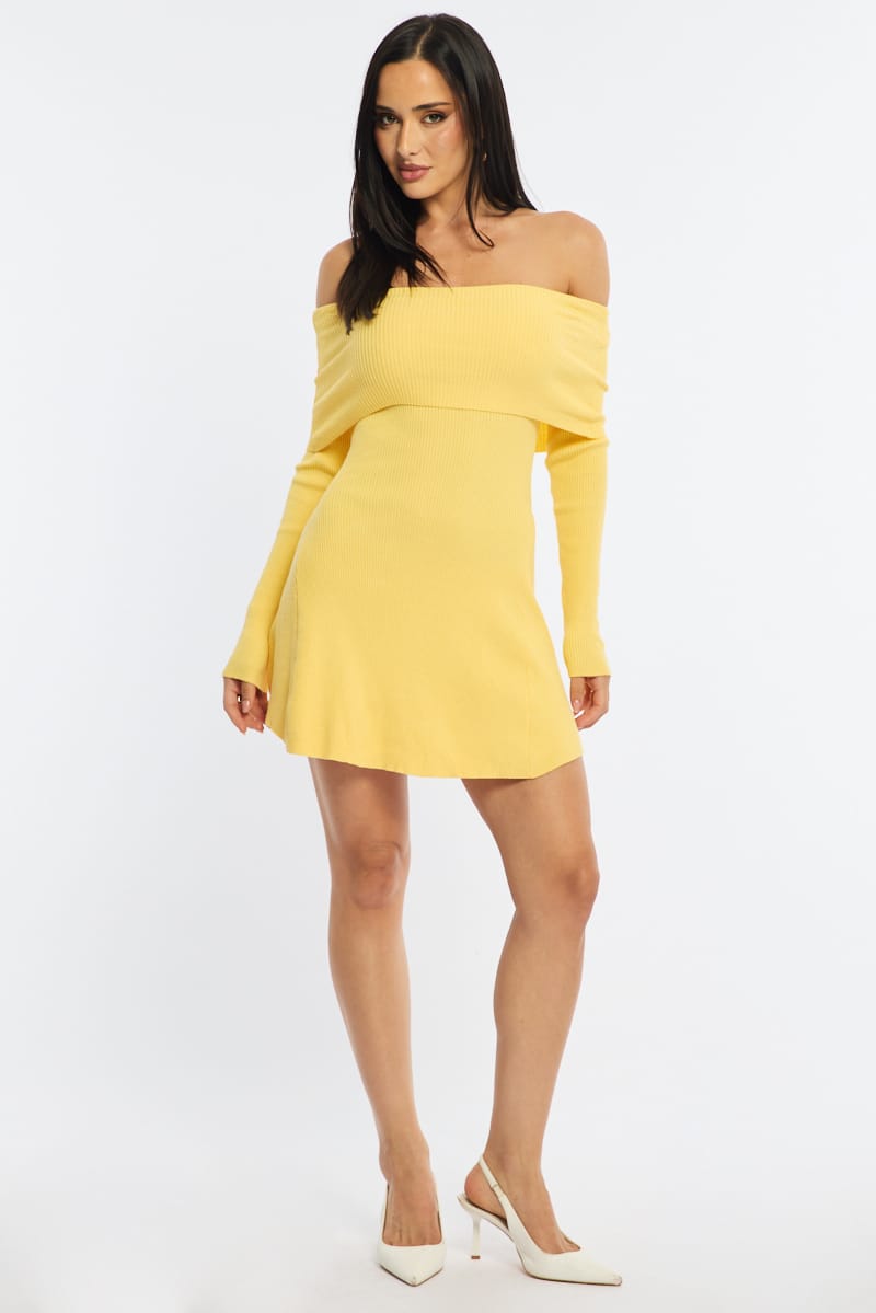 Yellow Knit Dress Long Sleeve Off Shoulder