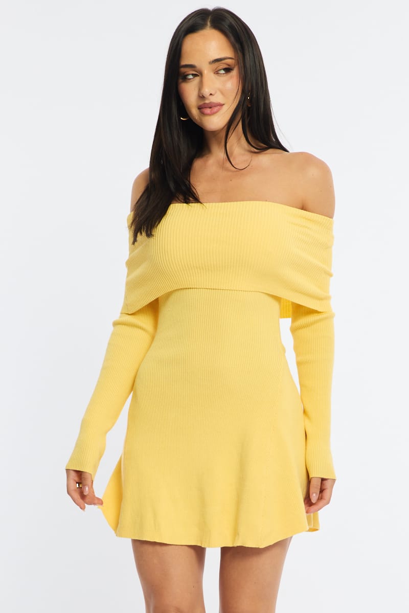 Yellow Knit Dress Long Sleeve Off Shoulder